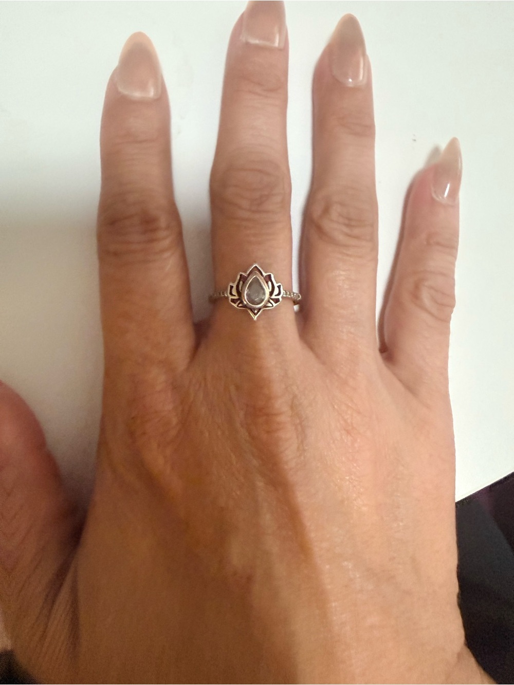 Lotus Teardrop Silver Ring - White Stone